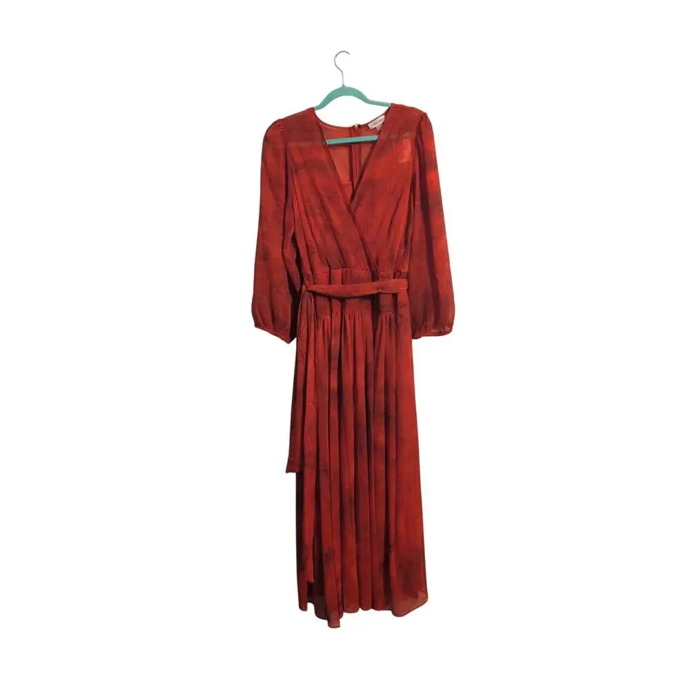 Calvin Klein Red Wrap Dress Size 14 NWT Long Sleeve V-Neck Belted Gown - Picture 2 of 6
